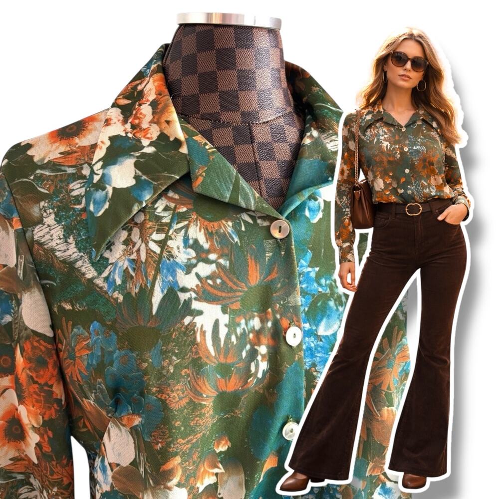 Vtg 60s Miss Mickey Floral Blouse M/L Butterfly Collar Grunge Disco Bohemian MCM